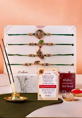 Set Of 5 Rakhis With Incense Stick Holder Gift Set