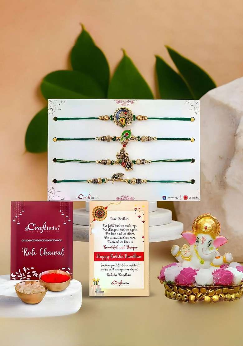 Set Of 4 Rakhi With Ganesh Idol Gift Set - Indya