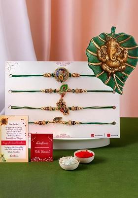 Set Of 5 Beaded Rakhis With Ganesha Leaf Wall Hanging