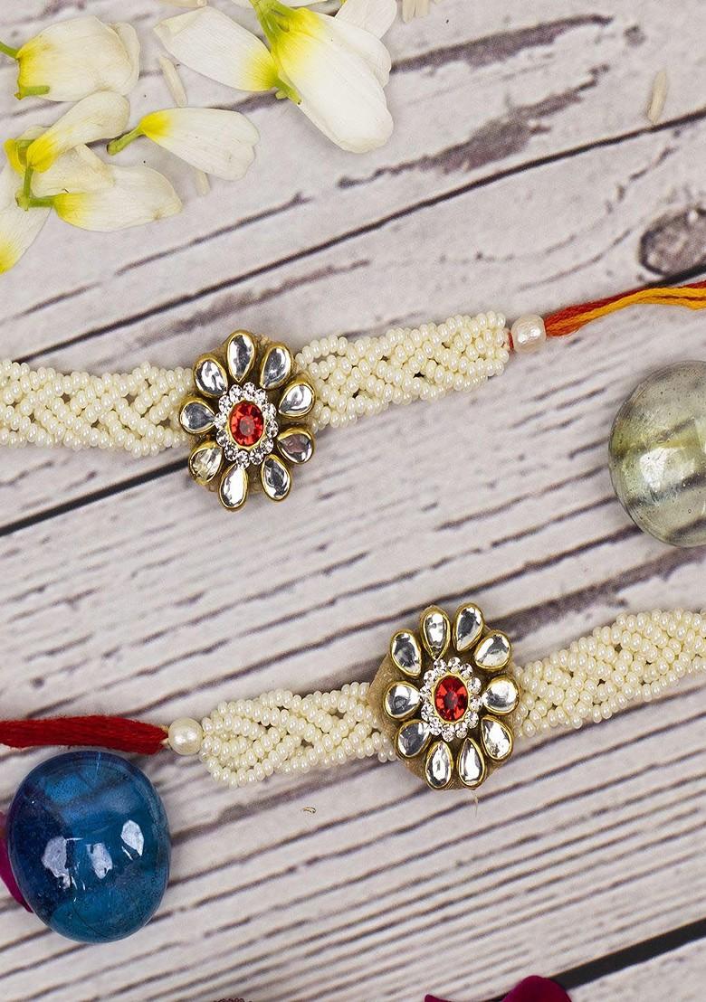 6 Pcs Stone Studded Rakhi Ganesha Idol Greeting Card And Roli Chawal - Indya