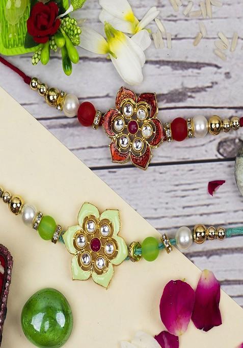 6 Pcs Flower Pearl Rakhi Ganesha Idol Greeting Card And Roli Chawal