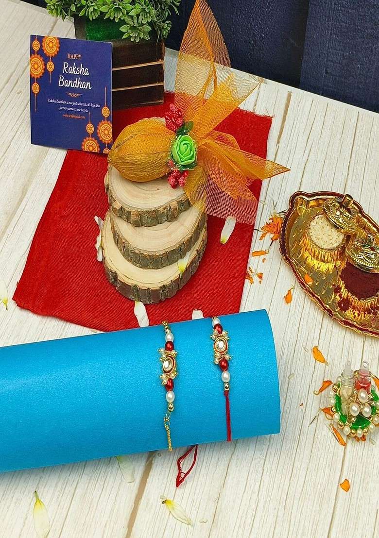 6 Pcs Kundan Studded Rakhi Ganesha Idol Greeting Card And Roli Chawal - Indya