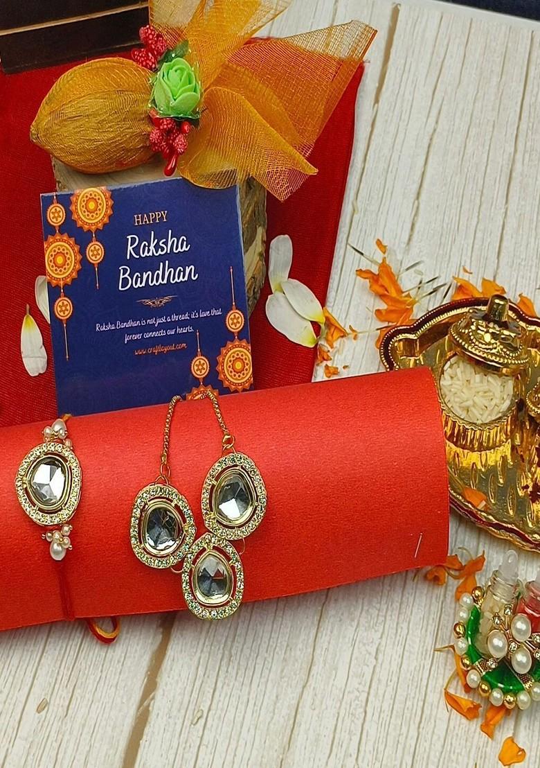 6 Pcs Triangle Stone Studded Rakhi Ganesha Idol Greeting Card And Roli Chawal - Indya