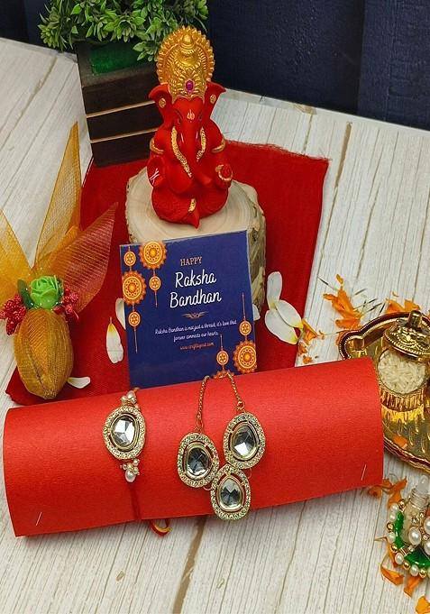 6 Pcs Triangle Stone Studded Rakhi Ganesha Idol Greeting Card And Roli Chawal