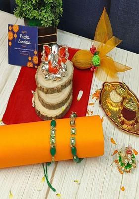 6 Pcs Stone Studded And Beaded Rakhi Ganesha Idol Greeting Card And Roli Chawal