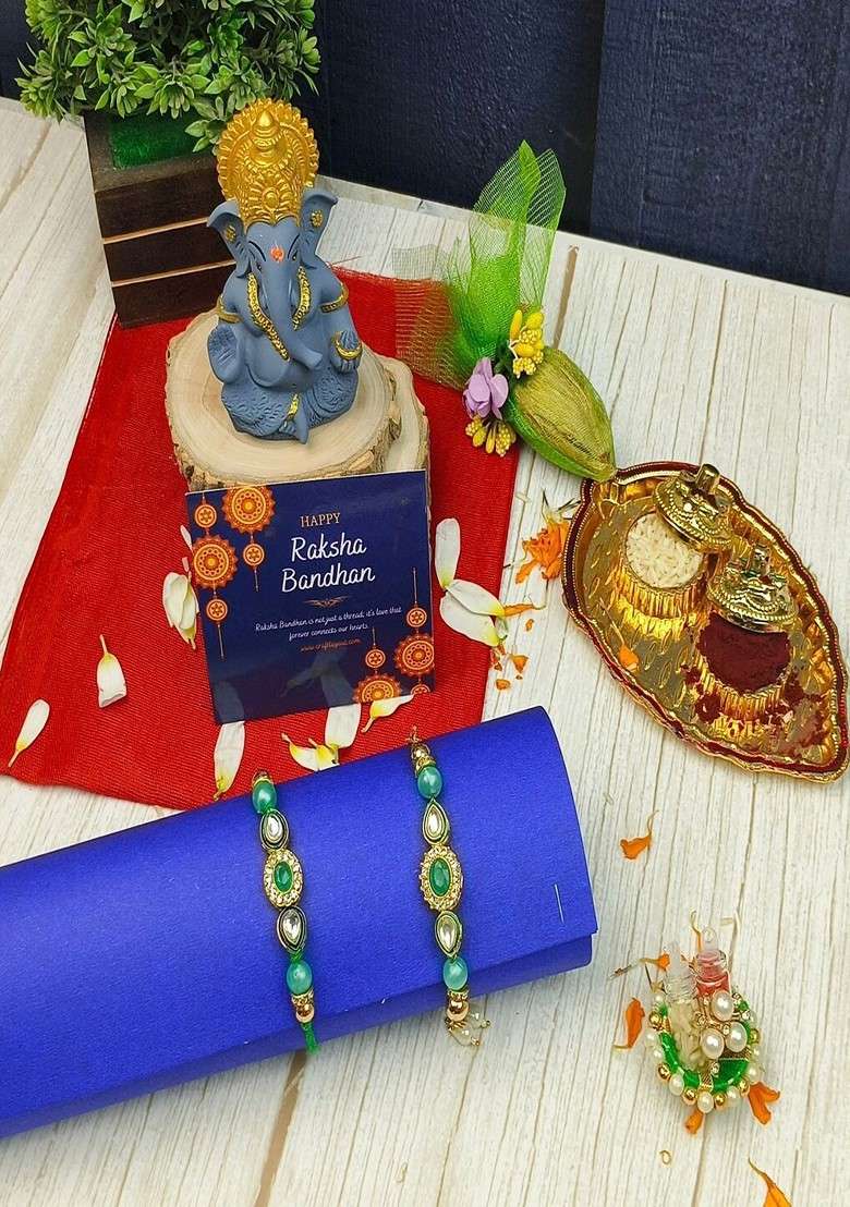 6 Pcs Stone Studded Rakhi Ganesha Idol Greeting Card And Roli Chawal - Indya