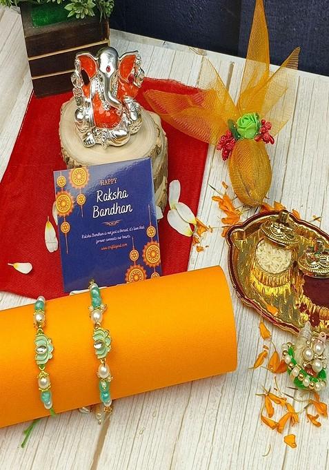 6 Pcs Lotus Shaped Rakhi Ganesha Idol Greeting Card And Roli Chawal