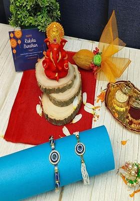 6 Pcs Evil Eye Bhaiya Bhabhi Rakhi Ganesha Idol Greeting Card And Roli Chawal
