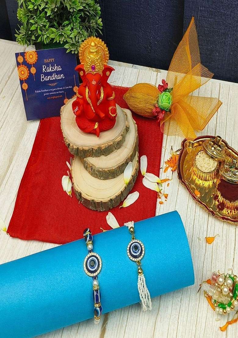 6 Pcs Evil Eye Bhaiya Bhabhi Rakhi Ganesha Idol Greeting Card And Roli Chawal - Indya