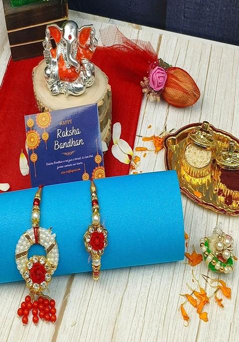 6 Pcs Pearl Lumba Rakhi Ganesha Idol Greeting Card And Roli Chawal