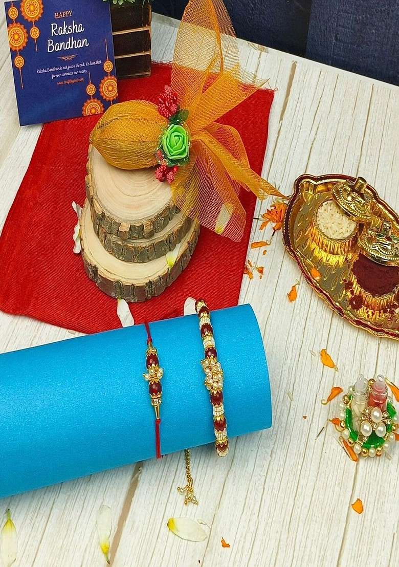 5Pcs Moti Pair Bhaiya Bhabhi Rakhi Gift Set - Indya