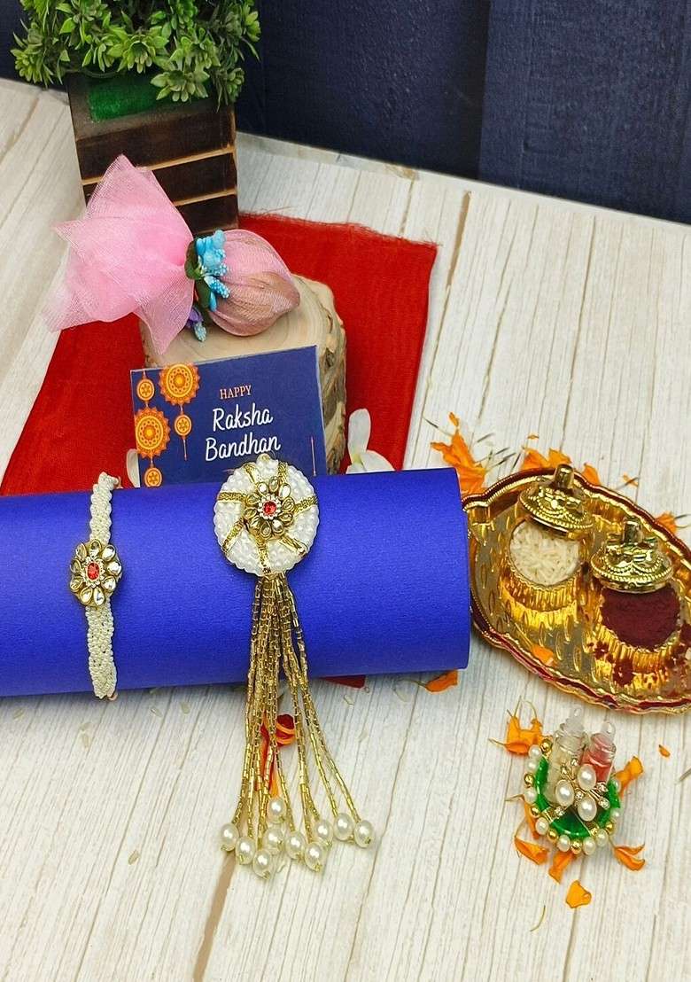 5Pcs Rakhi Lumba Rakhi With White Moti And Latkan Gift Set - Indya