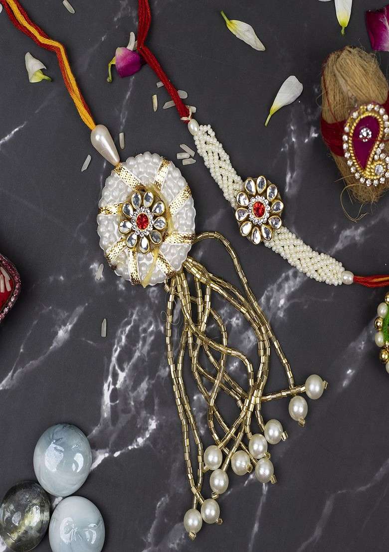 5Pcs Rakhi Lumba Rakhi With White Moti And Latkan Gift Set - Indya