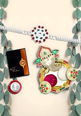 Rakhi With Dish Pooja Coin Roli Chawal And Greeting Card Set Of 5