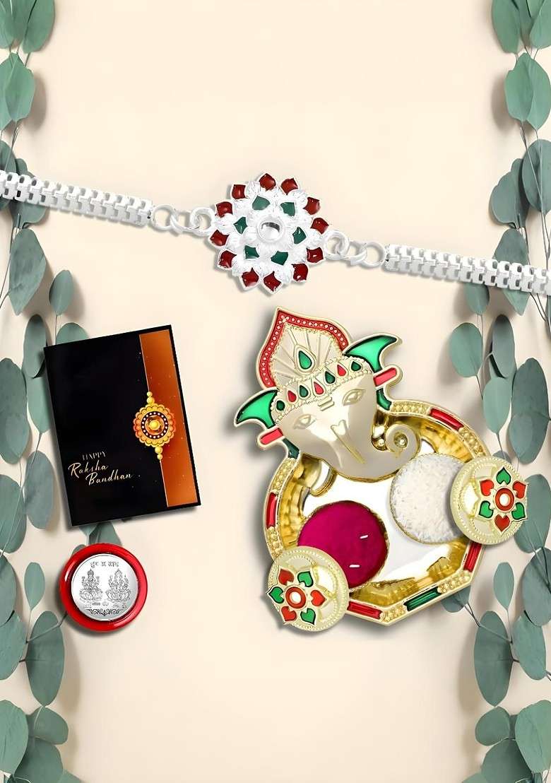 Rakhi With Dish Pooja Coin Roli Chawal And Greeting Card Set Of 5 - Indya