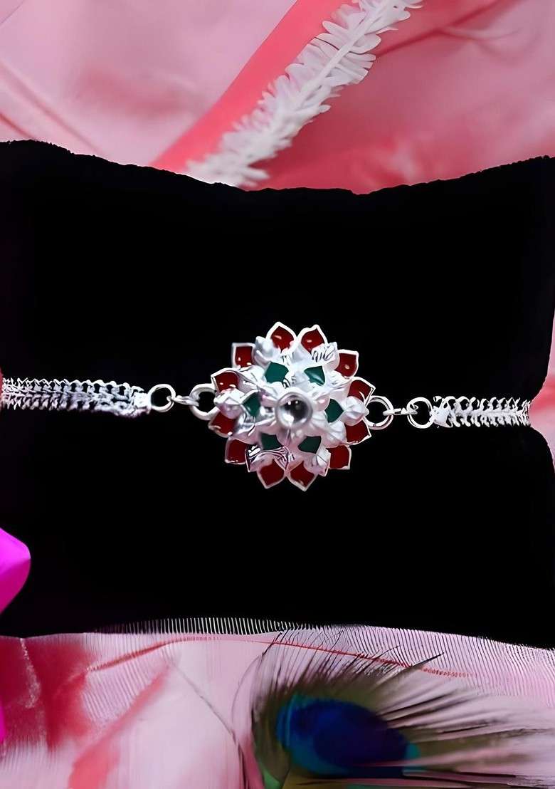 Rakhi With Dish Pooja Coin Roli Chawal And Greeting Card Set Of 5 - Indya