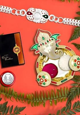 Rakhi Combo For Brother Dish Pooja Coin Roli Chawal And Greeting Card