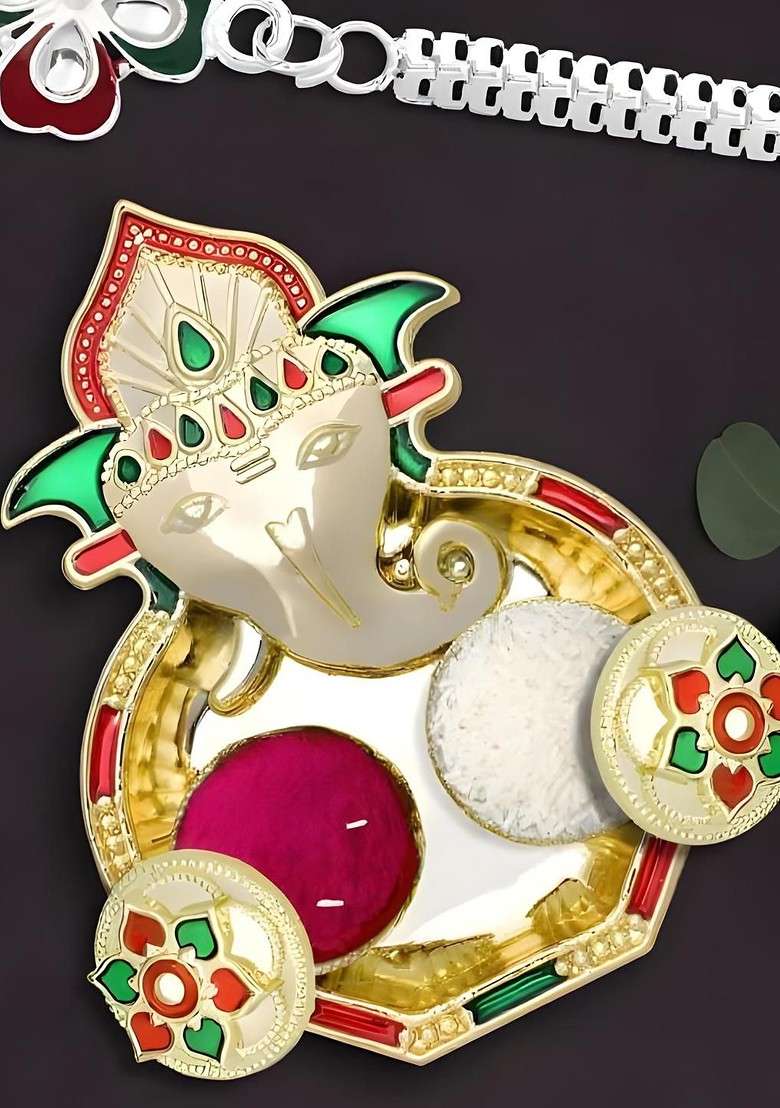 Rakhi Combo For Brother With Dish Pooja Coin Roli Chawal And Greeting Card - Indya