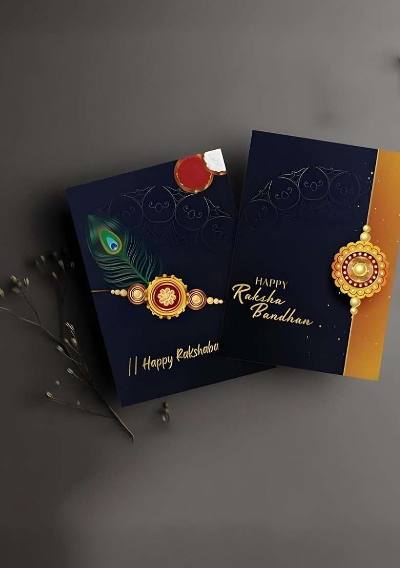 Rakhi Combo For Brother With Dish Pooja Coin Roli Chawal And Greeting Card - Indya