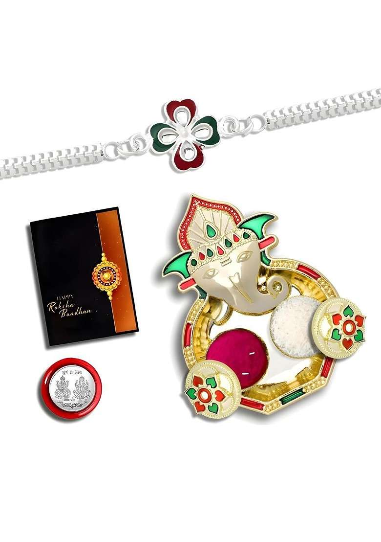Rakhi Combo For Brother With Dish Pooja Coin Roli Chawal And Greeting Card - Indya