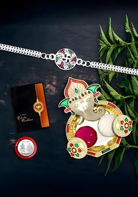 Rakhi Combo For Brother With Pooja Dish Pooja Coin Roli Chawal And Greeting Card