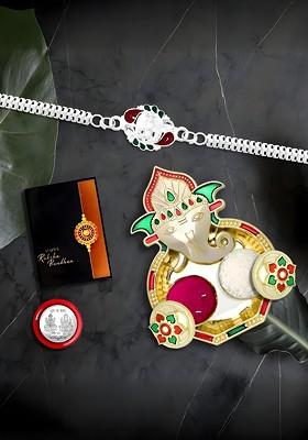 Rakhi Combo For Brother With Dish Pooja Coin Roli Chawal And Greeting Card