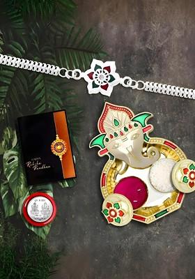 Rakhi Combo For Brother With Dish Pooja Coin Roli Chawal And Greeting Card