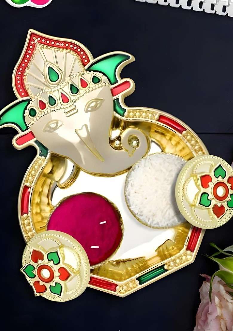 Rakhi Combo For Brother With Dish Pooja Coin Roli Chawal And Greeting Card - Indya