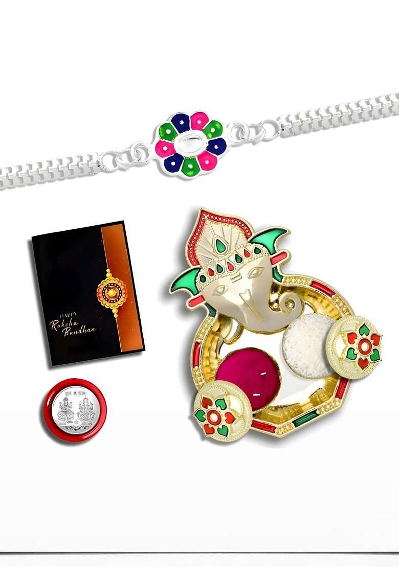 Rakhi Combo For Brother With Dish Pooja Coin Roli Chawal And Greeting Card - Indya