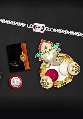 Rakhi Combo For Brother With Dish Pooja Coin Roli Chawal And Greeting Card