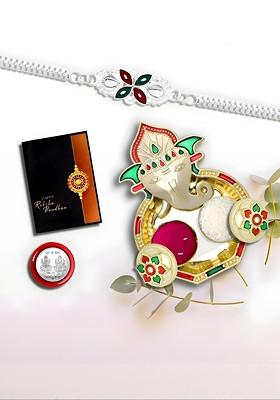 Rakhi Combo For Brother With Dish Pooja Coin Roli Chawal And Greeting Card