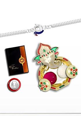 Rakhi Combo With Dish Pooja Coin Roli Chawal And Greeting Card