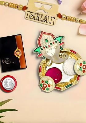 Rakhi Combo For Brother With Dish Pooja Coin Roli Chawal And Greeting Card