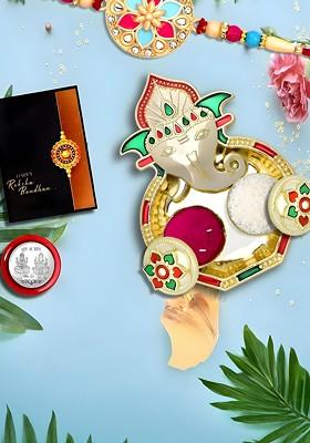 Rakhi Combo For Brother With Dish Pooja Coin Roli Chawal And Greeting Card