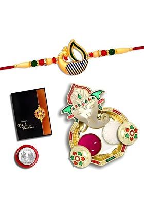 Rakhi Combo For Brother With Dish Pooja Coin Roli Chawal And Greeting Card