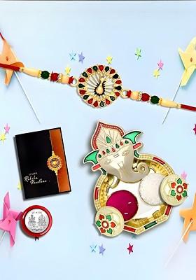 Rakhi Combo For Brother With Dish Pooja Coin Roli Chawal And Greeting Card