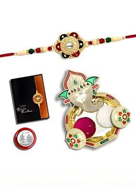 Rakhi Combo For Brother With Dish Pooja Coin Roli Chawal And Greeting Card
