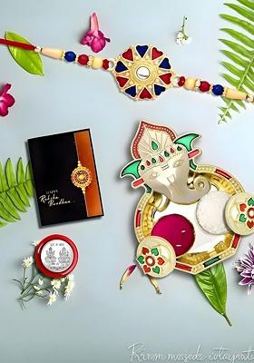 Rakhi With Dish Pooja Coin Roli Chawal And Greeting Card Set