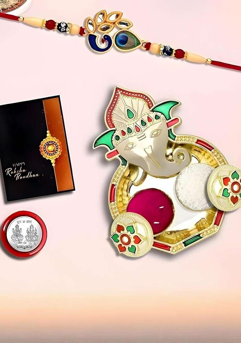 Rakhi Combo For Brother With Dish Pooja Coin Roli Chawal And Greeting Card - Indya