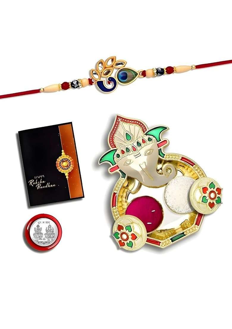Rakhi Combo For Brother With Dish Pooja Coin Roli Chawal And Greeting Card - Indya