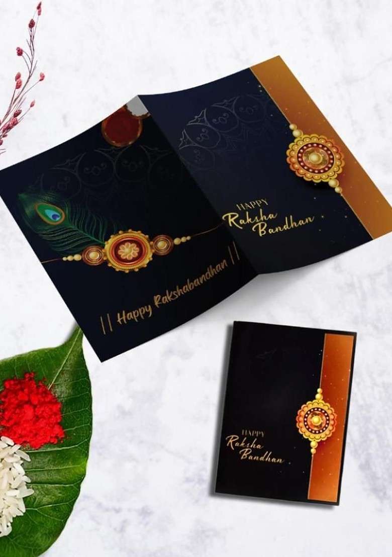Rakhi Combo For Brother With Dish Pooja Coin Roli Chawal And Greeting Card - Indya