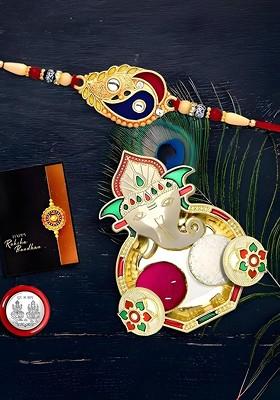 Rakhi Combo For Brother With Dish Pooja Coin Roli Chawal And Greeting Card