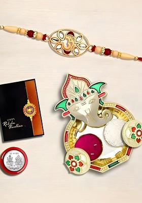 Rakhi Combo For Brother With Dish Pooja Coin Roli Chawal And Greeting Card