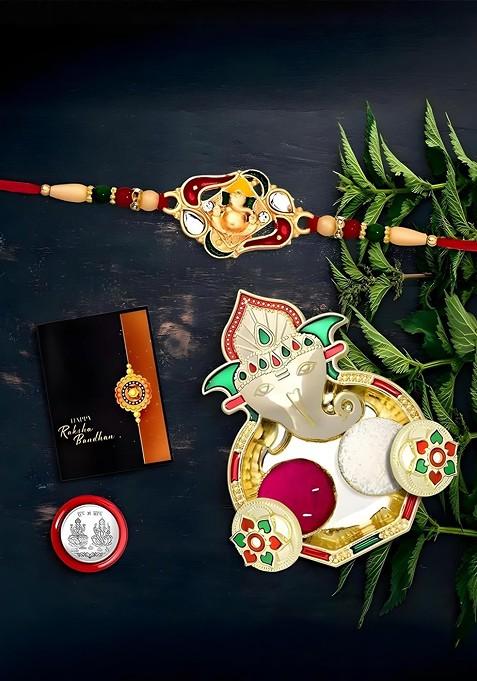 Rakhi With Dish Pooja Coin Roli Chawal And Greeting Card Set