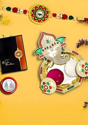 Rakhi Combo For Brother With Dish Pooja Coin Roli Chawal And Greeting Card
