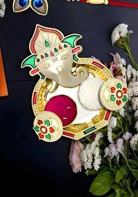 Rakhi Combo For Brother With Dish Pooja Coin Roli Chawal And Greeting Card