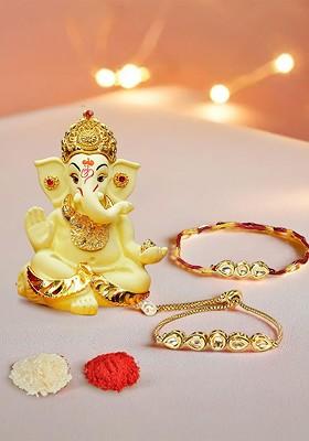 Set Of 3 Kundan Studded Bhaiya Bhabhi Rakhi With Ganesha Idol