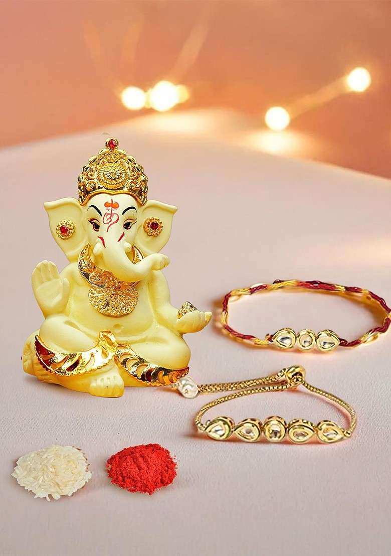 Set Of 3 Kundan Studded Bhaiya Bhabhi Rakhi With Ganesha Idol - Indya
