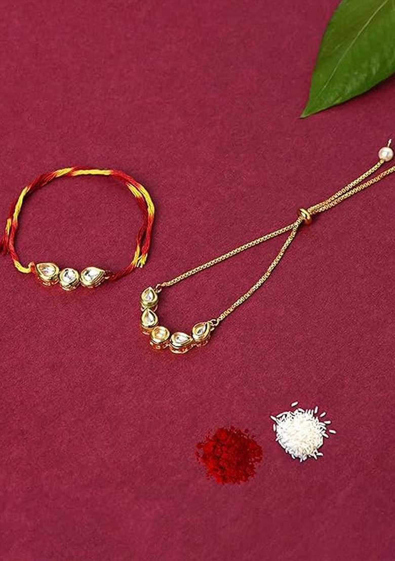 Set Of 3 Kundan Studded Bhaiya Bhabhi Rakhi With Ganesha Idol - Indya