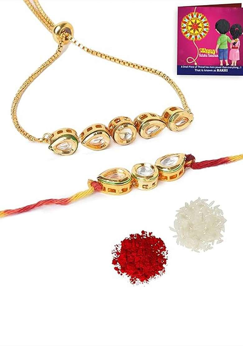 Set Of 3 Kundan Studded Bhaiya Bhabhi Rakhi With Ganesha Idol - Indya